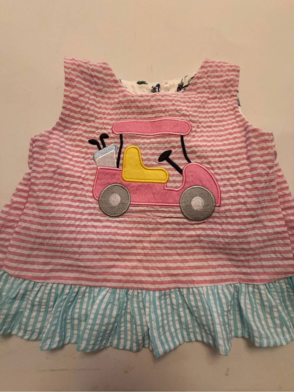 Girls Pink Striped Ruffle Two-Piece Set with Car Applique